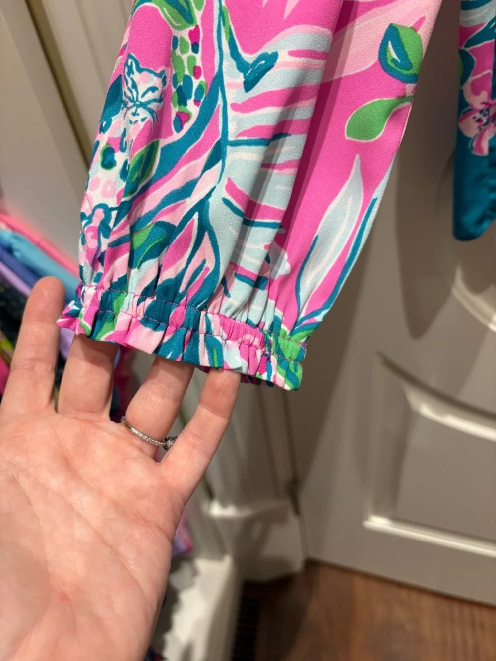 Lilly Pulitzer Pink Floral Print Blouse with Teal Accents - Picture 2 of 4